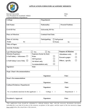 Fillable Online Vpaa Kuniv Edu APPLICATION FORM FOR ACADEMIC MISSION