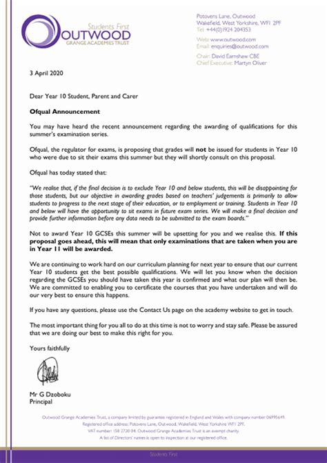 Y Ofqual Update Letter Outwood Academy Portland