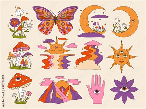 Stockvektorbilden Vector Set Of 60s And 70s Psychedelic Clipart Retro