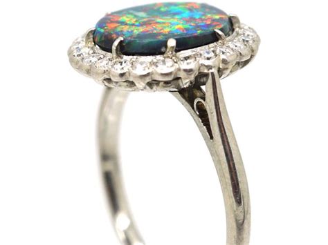 Art Deco Ct White Gold Platinum Black Opal Diamond Ring T