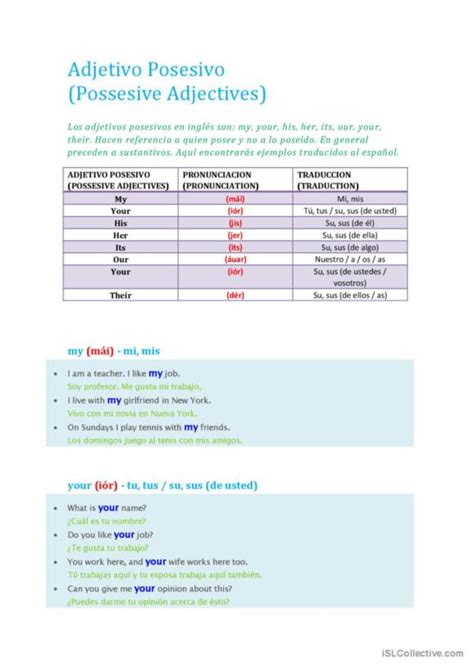 Posesivos Espa Ol Ele Hojas De Trabajo Pdf Doc Nbkomputer