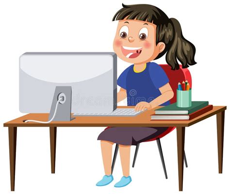 A Girl Sitting In Front Of Computer Stock Vector Illustration Of