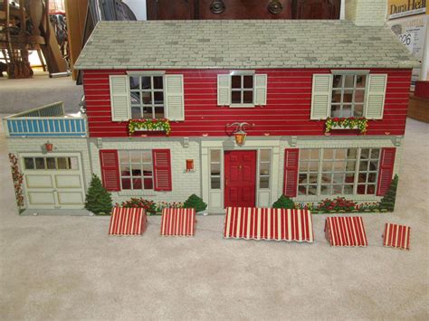 Vintage 1950s Marx Tin Litho Two Story Dollhouse With Garage And