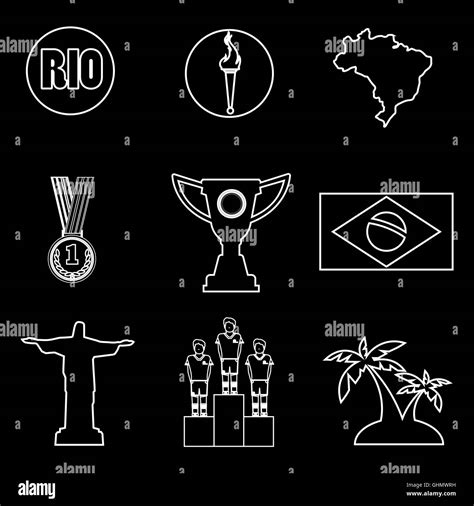 Rio Gold Medal Burning Torch And Brazil Flag Icons Set In Outlines