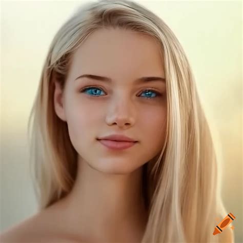 Portrait Of A Beautiful Smiling Blonde Girl With Blue Eyes On Craiyon