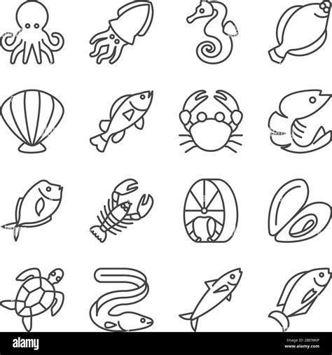 Fish And Seafood Line Vector Icons Sea Food And Marine Lobster Linear