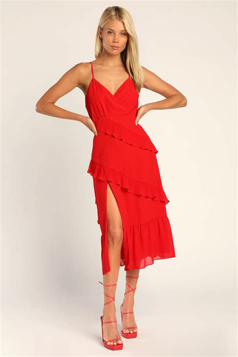 Red Ruffled Dress Ruffled Midi Dress Slit Midi Dress Lulus