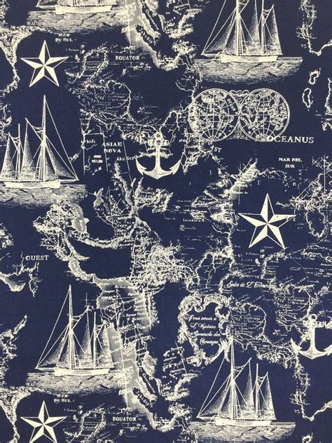 Navy Nautical Map Fabric, Ships and Stars, Fabric by the Yard, Fat ...