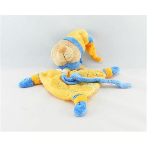 doudou plat accroche tétine ours jaune bleu BABY NAT