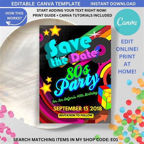 Save The Date Canva Template Oneside Editable Invitation 80th Birthday Invitation 80s Invites