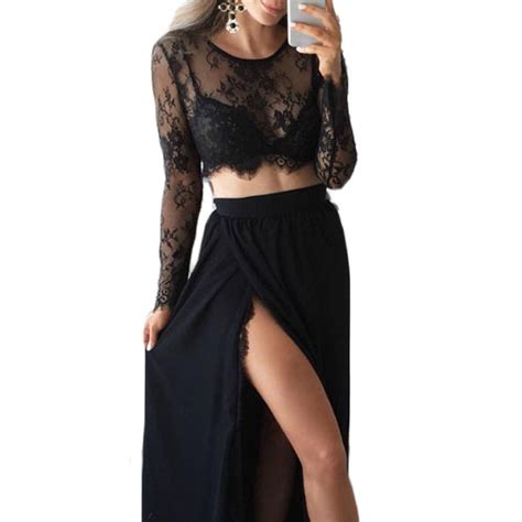 Ana Women Lace Mesh See Through Sheer Long Sleeves Crop Tops Short