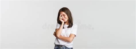 Portrait Of Sensual Beautiful Brunette Girl Flirty Smiling And Blushing Stock Photo Image Of