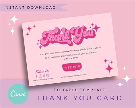 Thank You Card Editable Canva Template Pink Retro Customisable Thankyou Order Card Pretty Funky