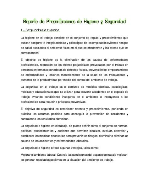 Reporte De Presentaciones De Higiene Y Seguridad Reporte De Presenta