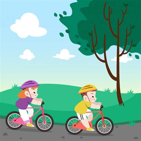 Crian As Andando De Bicicleta Vector Illustration Vetor Premium