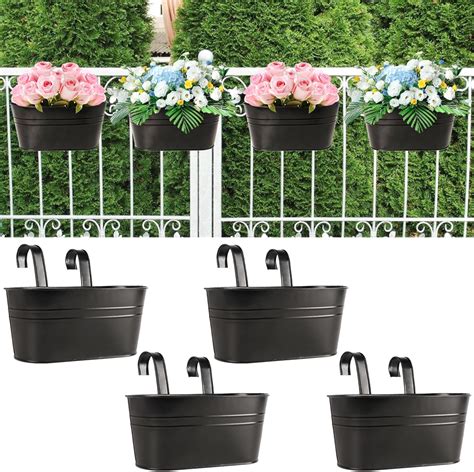 4 Pack Metal Iron Hanging Flower Pots 11 Inch Railing Fence Hanging