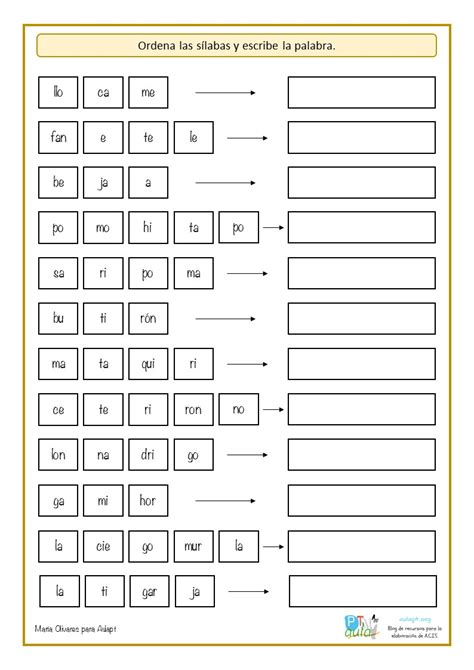 Conciencia silábica con vocabulario de animales Ordena las sílabas y