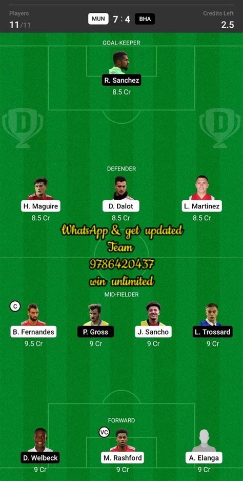 Mun Vs Bha Dream Team Fantasy Prediction Premier League