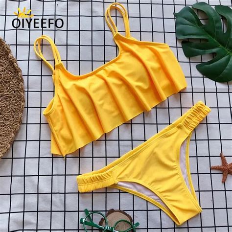 Oiyeefo Bright Yellow Bikini Ruffle Frilly Swimsuit Women Halter