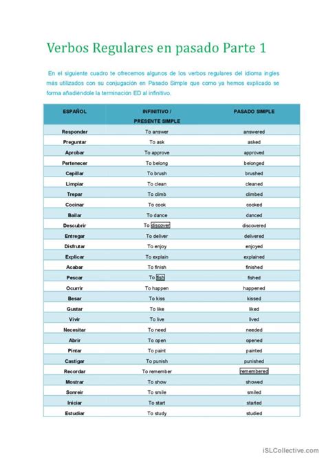 Verbos Regulares En Pasado Parte English Esl Worksheets Pdf Doc