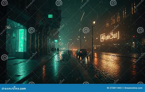 Dark Street In Cyberpunk City Scenery Of Neon And Gloomy Buildings In