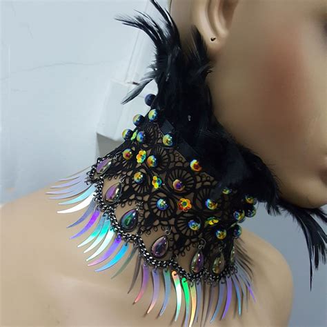 Handmade Holographic Costumes Burning Man Festival Rave Feather Choker