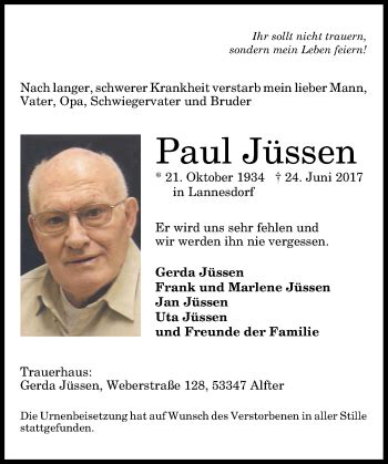 Traueranzeigen von Paul Jüssen ga trauer de