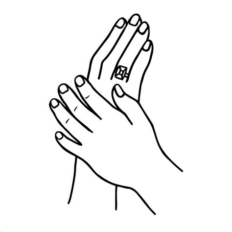 doodle drawing of female hands with a diamond ring on the ring finger ...