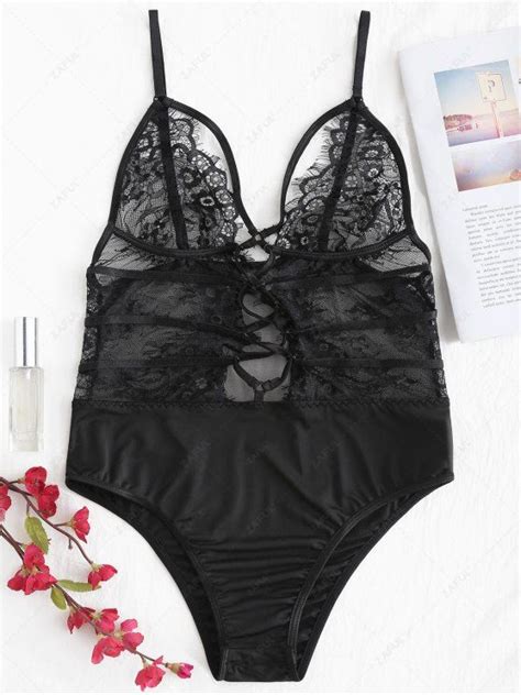 [22 Off] 2021 Snap Crotch Sheer Lace Teddy Bodysuit In Black Zaful