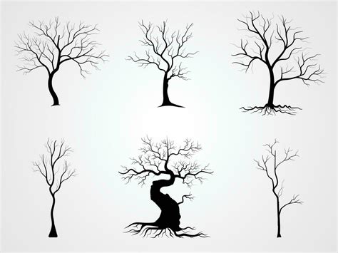 Black Branch Tree Or Naked Trees Silhouettes Set Hand Drawn Isolated