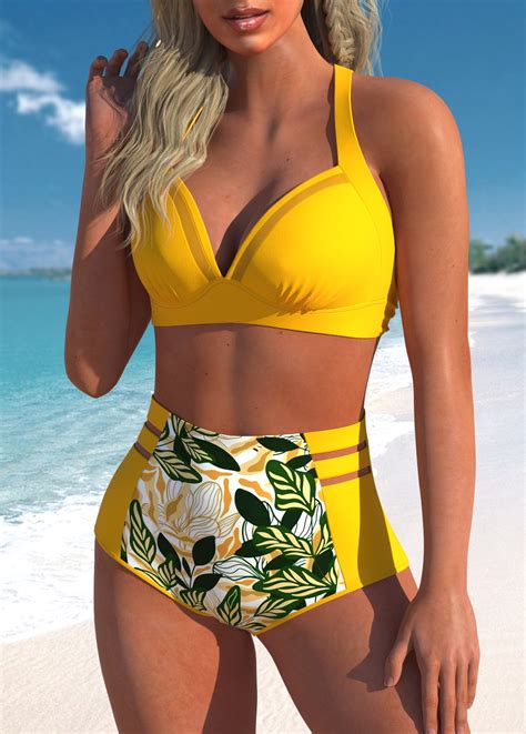 ROTITA Mesh Yellow Leaf Print Bikini Top Rotita USD 18 98