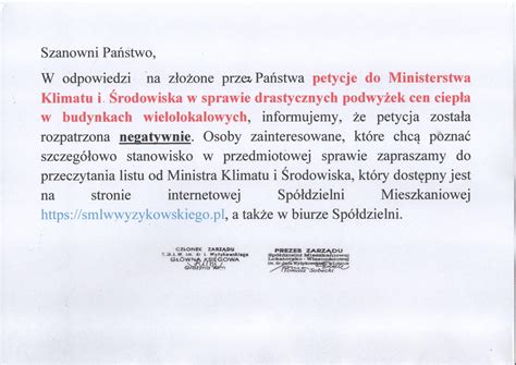 Odpowied Na Petycje Skierowane Do Ministra Klimatu I Rodowiska W