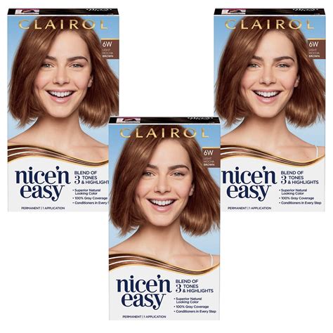 Pack Of 3 Clairol Nicen Easy Permanent Hair Dye 6w Light Mocha Brown