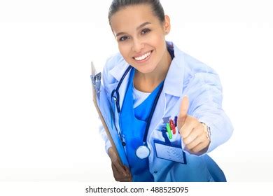 Smiling Doctor Woman Blue Uniform Stethoscope Stock Photo 488525095