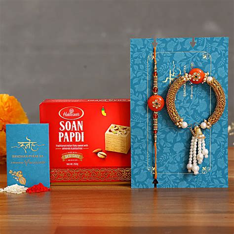 Orange Pearl And Lumba Rakhi Set With Soan Papdi Thailand Gift Orange