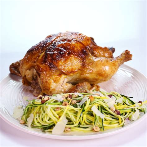 The Chew Recipe Michael Symon S Roasted Chicken With Squash Spaghetti Poultry Recipes