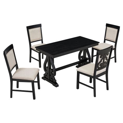 5 Piece Retro Dining Set Rectangular Wooden Dining Table And 4 Upholstered Chairs Black