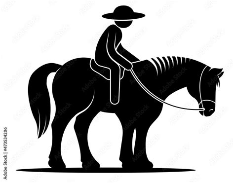 Stick figure, farmer riding horse. Cowboy drives harnessed horse in ranch. Simple black and ...