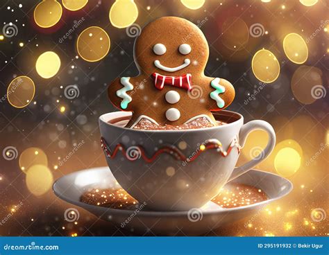 Adorable Gingerbread Man Sitting In A Cup Of Hot Cocoa Surrounded By Warm Bokeh Lights Stock