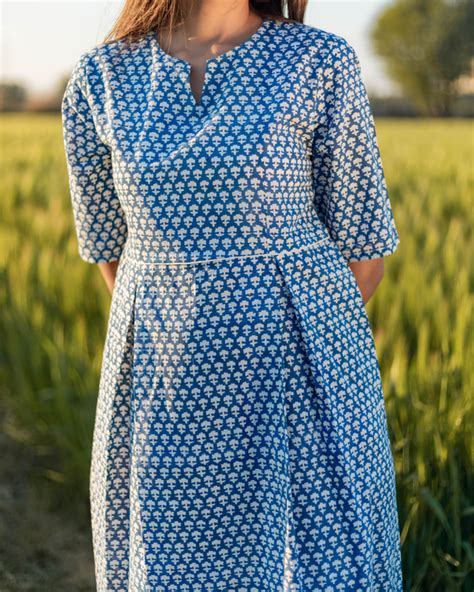 Sea Blue Handblock Printed Cotton Dress By Sooti Syahi The Secret Label