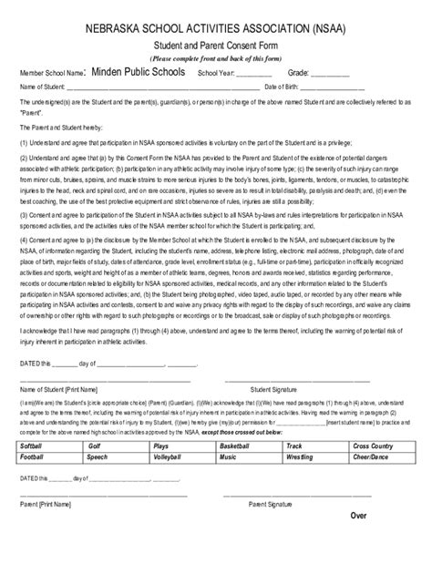 Fillable Online Athlete Consent Form Th Grade New Student Athlete