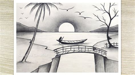 Sunset Scenery Drawing by pencil sketch, Pencil drawing for beginners ...