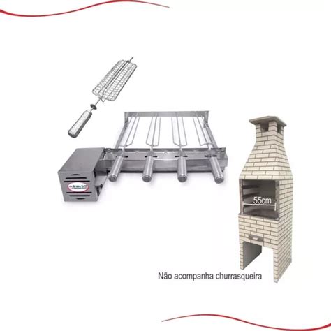 Kit Grill Inox Churrasqueira Pré Moldada 55cm Gira 4 Espetos