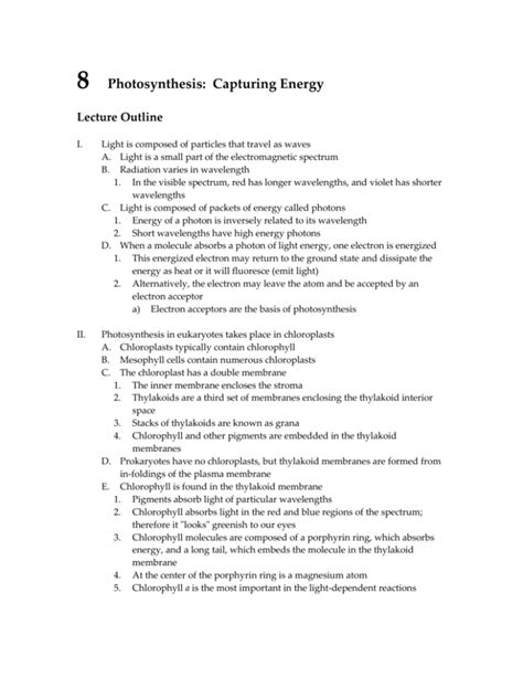 Chapter 8 Photosynthesis Capturing Energy