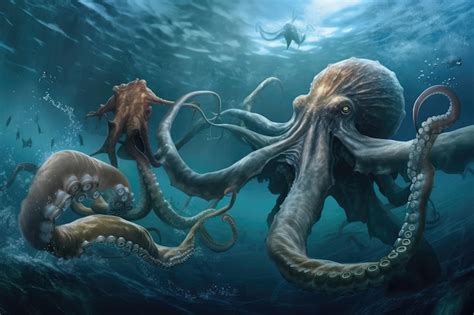 Premium AI Image | Octopus kraken battling giant squid in underwater battle