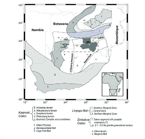 1 Tectonic map of southern Africa showing major Precambrian terrains.... | Download Scientific ...