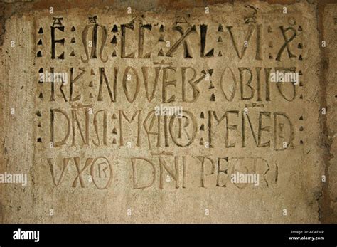 Carved latin script inside the medieval Roman Catholic monastery ...