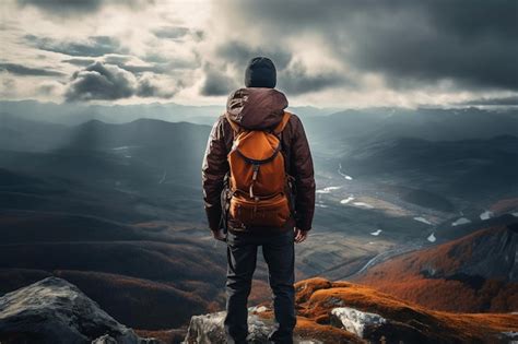 Um alpinista uma mochila em pé no topo de uma montanha generative