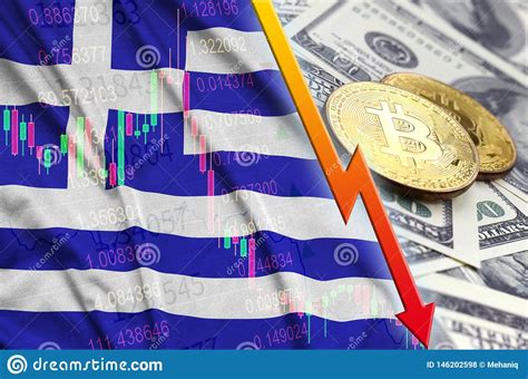 Greece Flag And Cryptocurrency Falling Trend With Two Bitcoins On