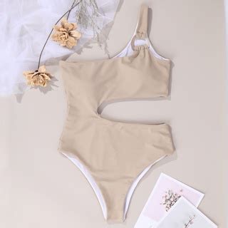 Women Swimsuit Nude Color Single Shoulder Waist Hollow Out One Piece Bikini Swimwear Shopee